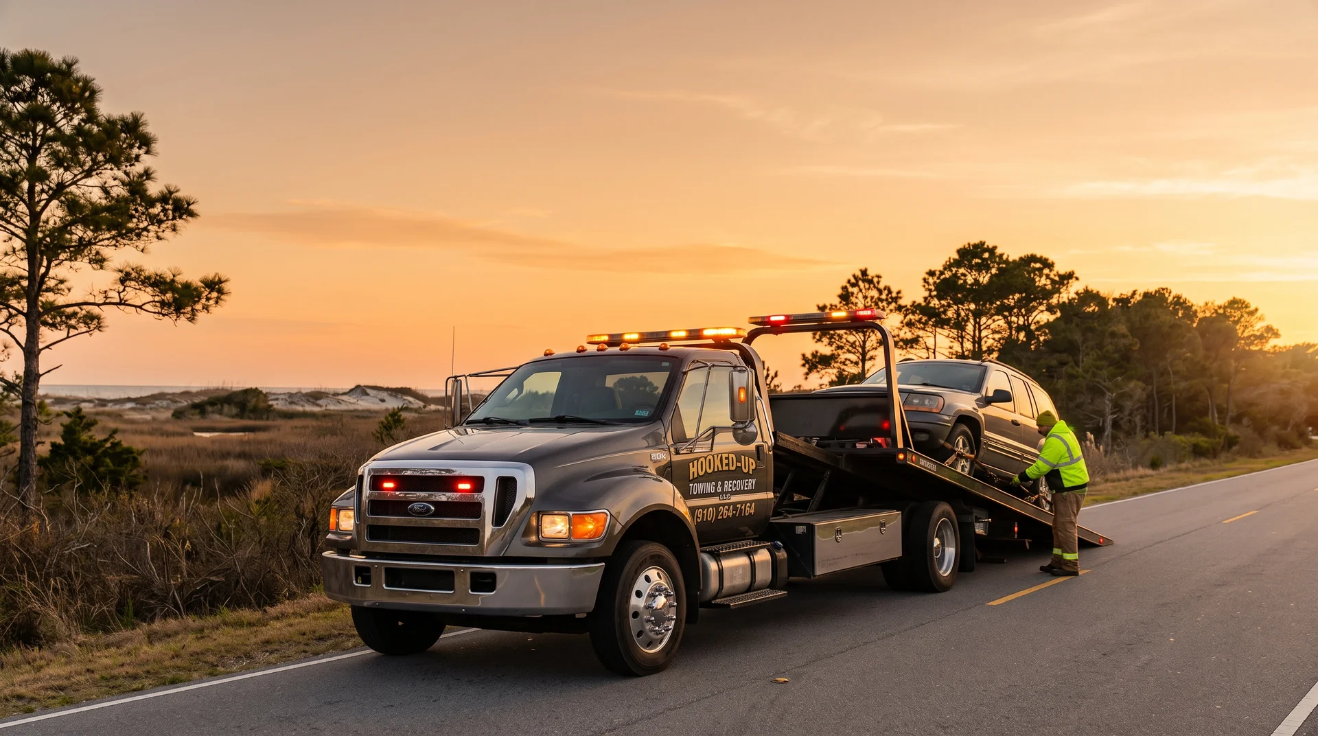 Illustration of a tow truck assisting a vehicle on a coastal road at sunset