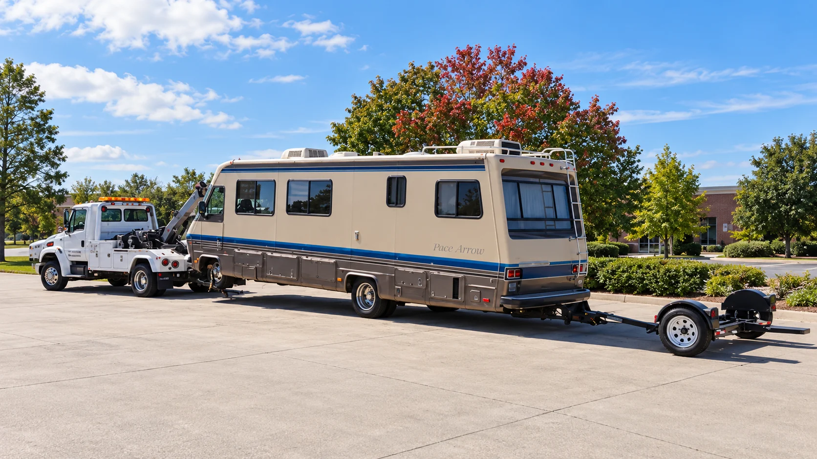 Motorhome loaded on towing equipment beside a white tow truck